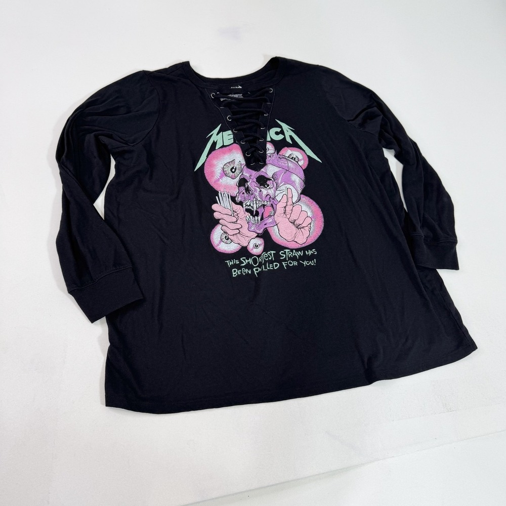 Metallica Shirt Womens 2X Black Lace Up Long Sleeve Band Graphic Tee Plus Size